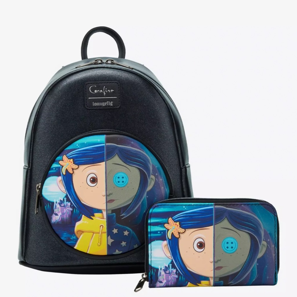 Loungefly Coraline Split Face Iridescent Mini Backpack & Wallet Set